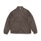 Front view of the Unaffected Blouson Track Shirt Charcoal Brown showing the blouson silhouette, charcoal brown tone, and minimal contemporary design for Clothier & Sons.