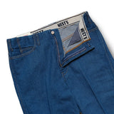 Waistband detail of the Westoverall West’s 846f Flared Denim Pants West Blue showing belt loops, button closure, and clean stitching for Clothier & Sons.