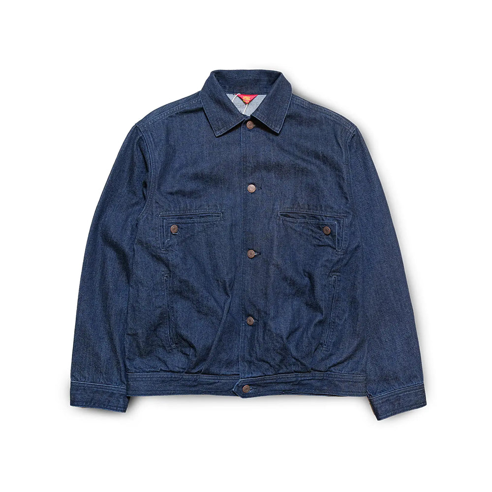 Front view of the Westoverall Woch Jacket 906g Indigo showing its workwear-inspired silhouette, structured shape, and deep indigo tone for Clothier & Sons.