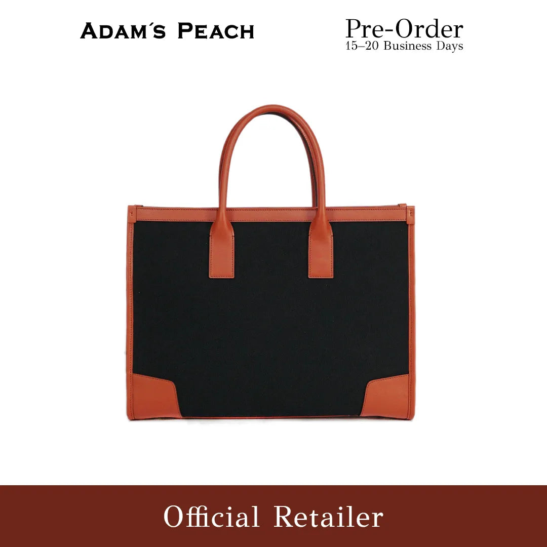(Pre-Order) ADAM PEACH A054 Black Canvas Tan Leather Tote Bag