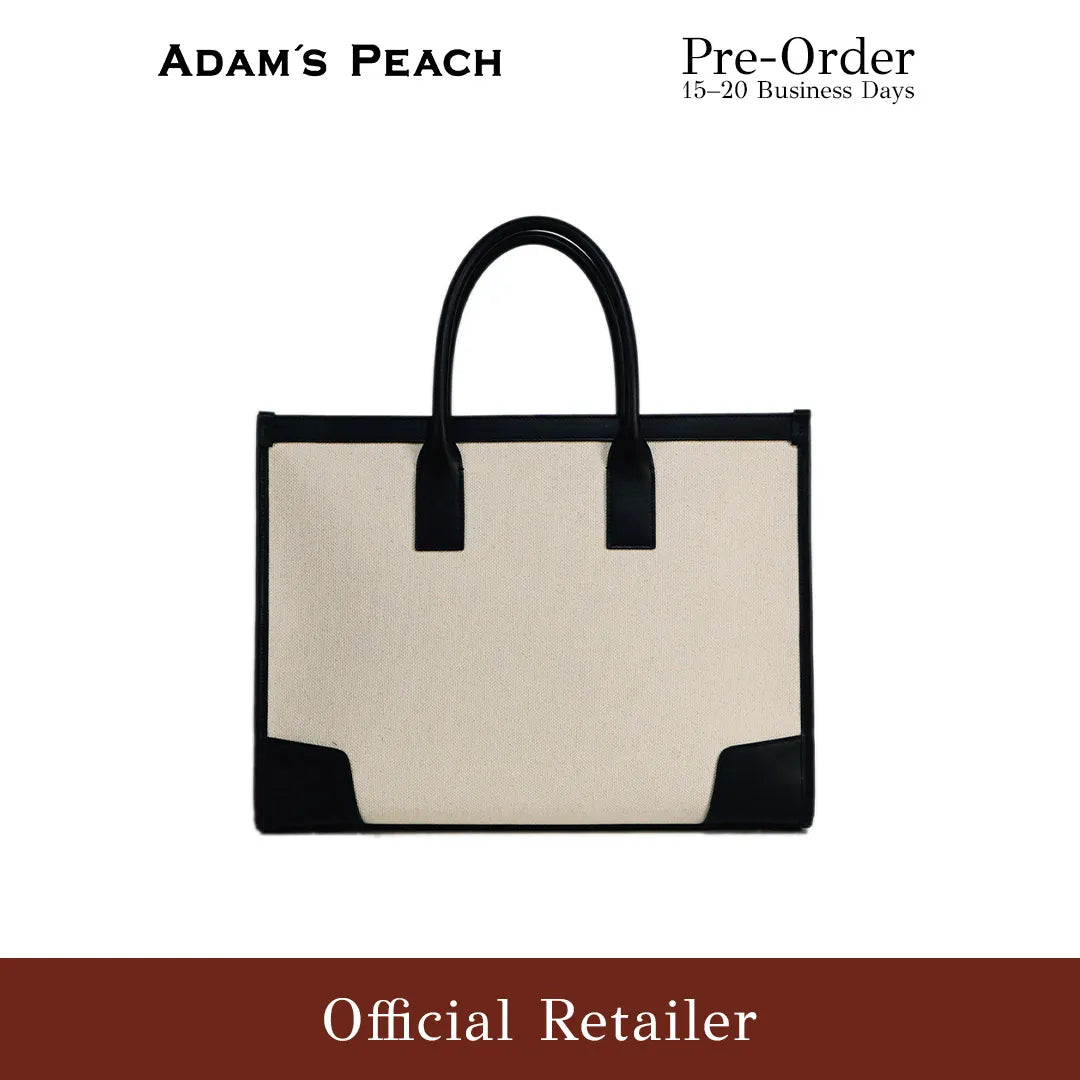 (Pre-Order) ADAM PEACH A054 Cream Canvas Black Leather Tote Bag