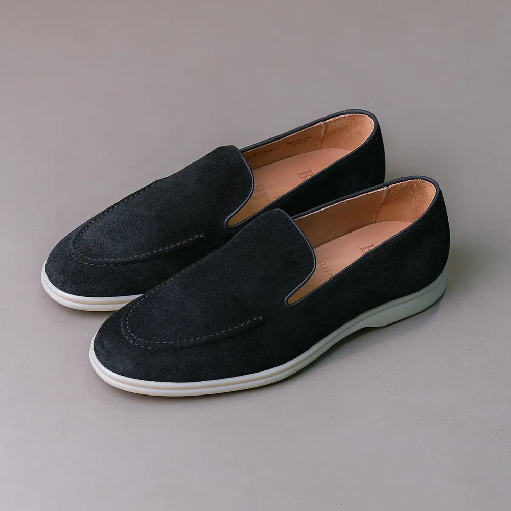 Top view of the Berwick Flex Walk Apron Stitch Loafers Go Rain Janus Suede Black showing overall shape, apron stitching, and soft Janus suede texture for Clothier & Sons.