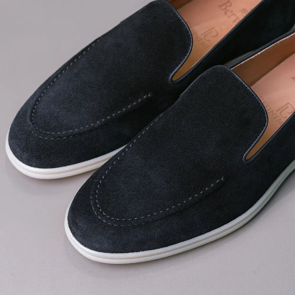 Side view of the Berwick Flex Walk Apron Stitch Loafers Go Rain Janus Suede Black highlighting silhouette, suede profile, and Flex Walk sole construction for Clothier & Sons.