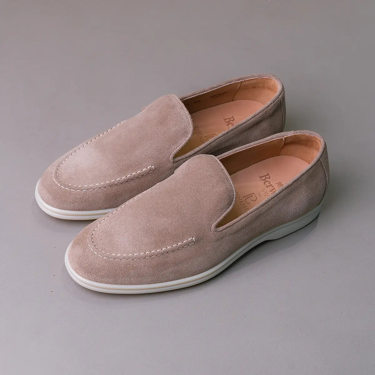 Top view of the Berwick Flex Walk Apron Stitch Loafers Go Rain Janus Suede Sughero showing overall shape, apron stitching, and premium Janus suede texture for Clothier & Sons.