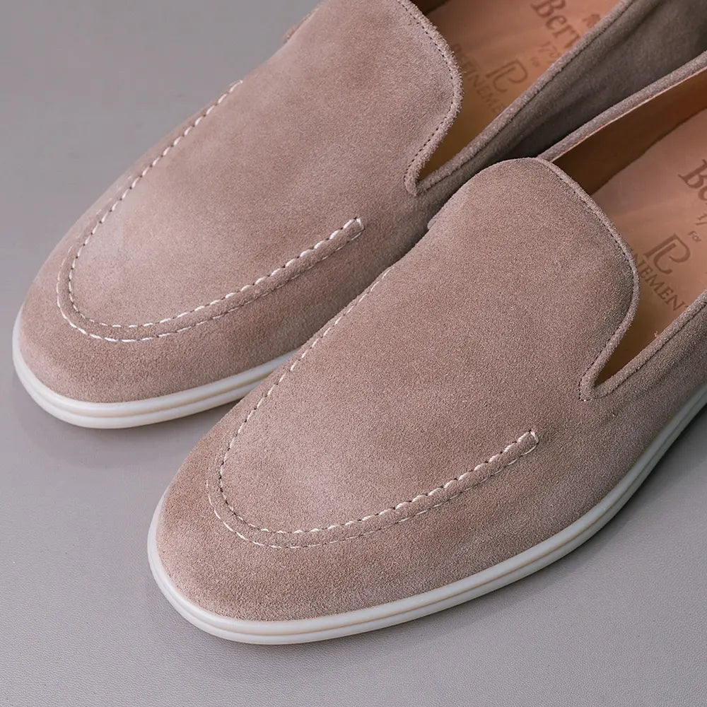 Side view of the Berwick Flex Walk Apron Stitch Loafers Go Rain Janus Suede Sughero highlighting silhouette, suede profile, and Flex Walk sole construction for Clothier & Sons.