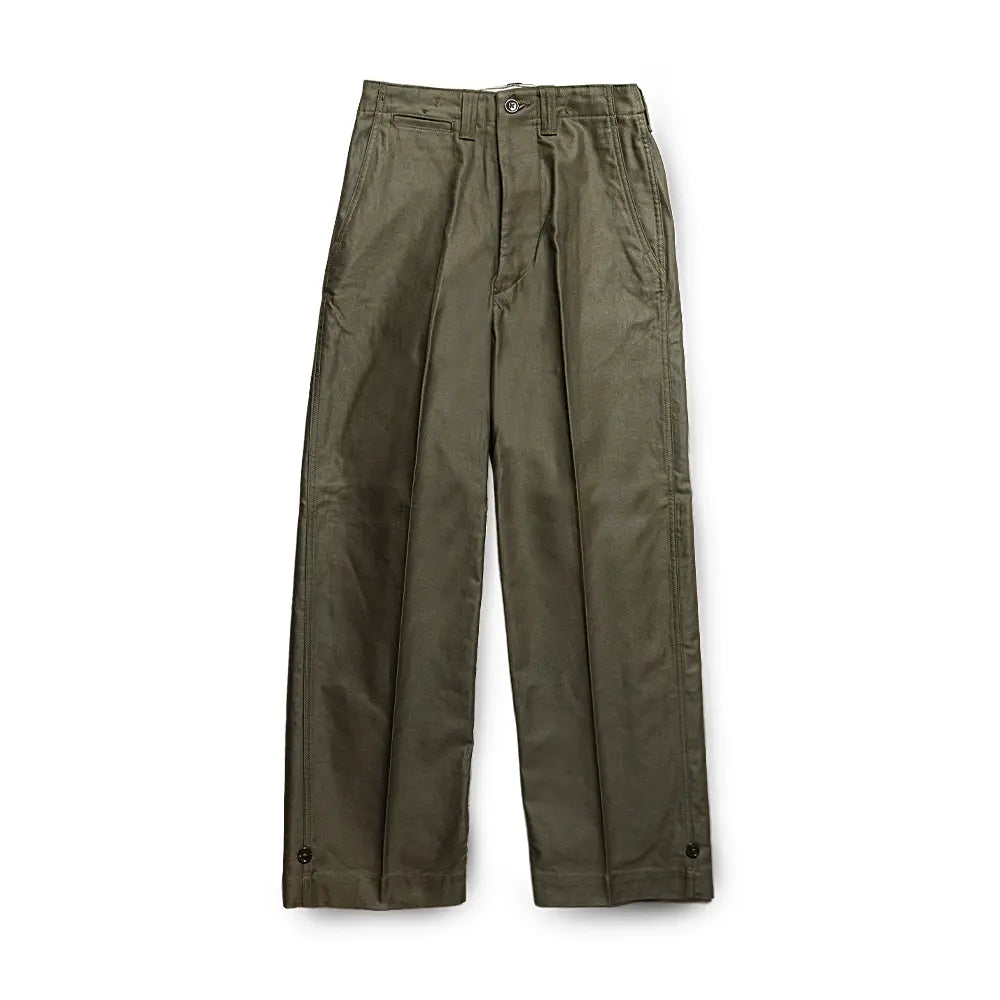 Front view of the Big Yank M1945 Sateen Trousers Olive showing the classic military-inspired silhouette, olive sateen fabric, and straight-leg cut for Clothier & Sons.