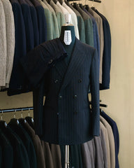 Drop6 Suit Wool Chalk Stripe Double Breasted Navy