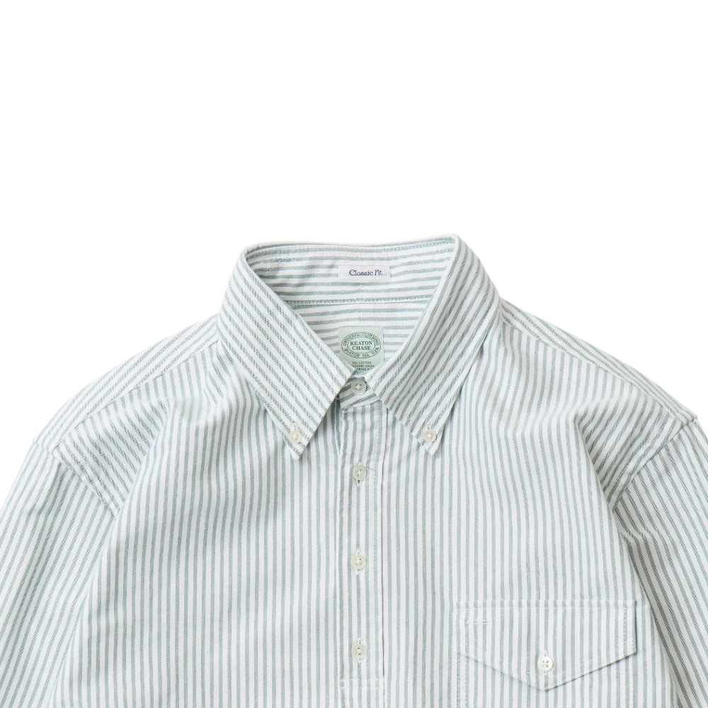 Keaton Chase USA L/S Pullover Classic Fit BD Shirt Supima Mixed Classic Oxford Green White Stripe Collar Detail