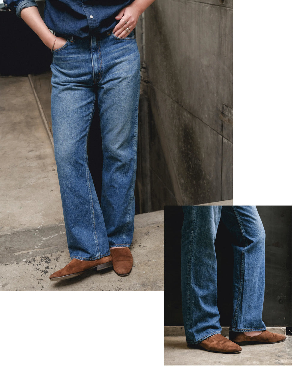 Close-up of a person wearing Orslow x Clothierandsons 202 Shoe Cut Jeans in blue denim with brown suede shoes, standing against a concrete wall.