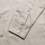 Button detail of the Anatomica Harrison Shirt Sateen Beige highlighting button material, stitching accuracy, and refined everyday detailing for Clothier & Sons.