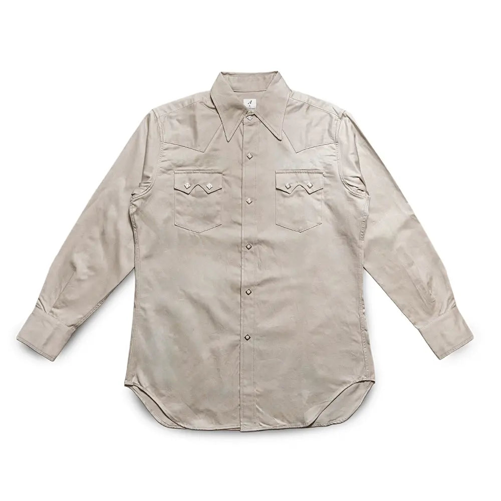Front view of the Anatomica Harrison Shirt Sateen Beige showing the classic button-up silhouette, beige sateen fabric, and refined minimalist design for Clothier & Sons.