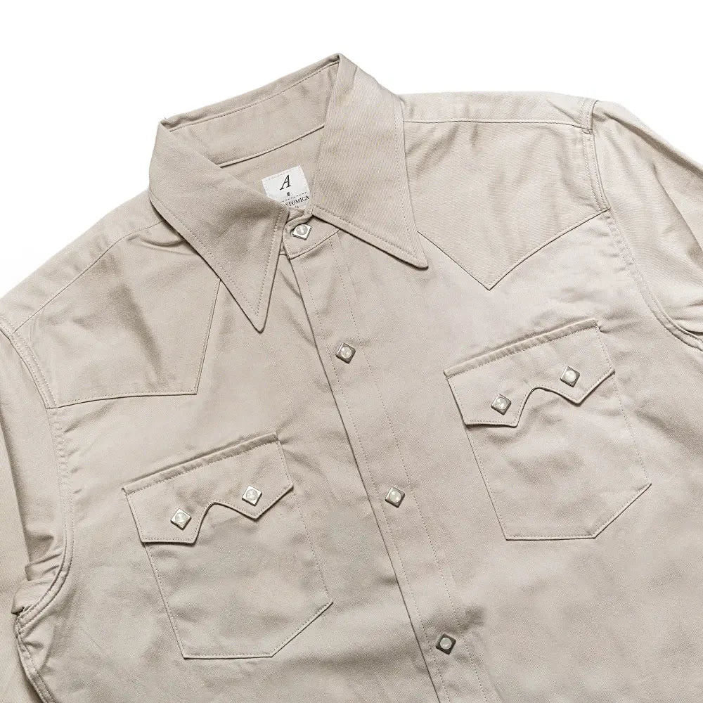 Side view of the Anatomica Harrison Shirt Sateen Beige showing sleeve shape, shirt length, and relaxed tailored profile for Clothier & Sons.