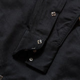 Button detail of the Anatomica Harrison Shirt Sateen Black highlighting button material, stitching accuracy, and refined everyday detailing for Clothier & Sons.