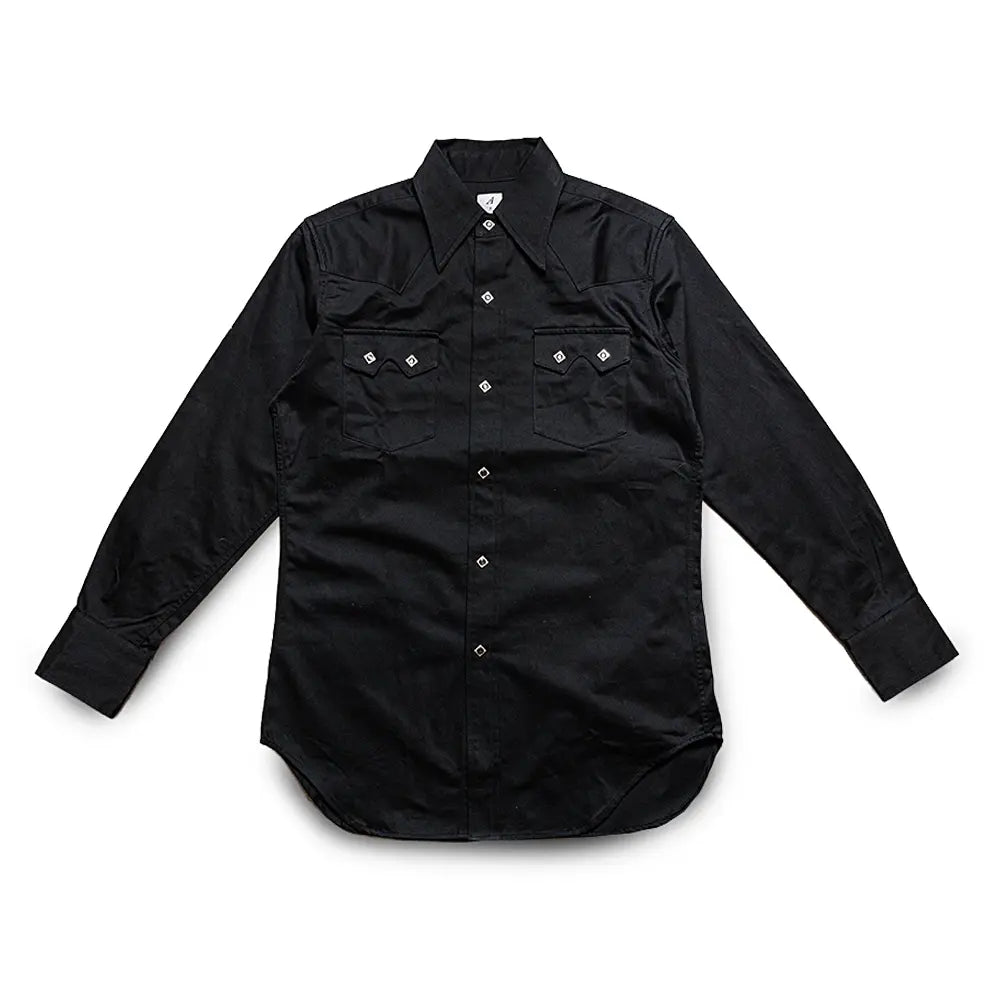Front view of the Anatomica Harrison Shirt Sateen Black showing the classic button-up silhouette, black sateen fabric, and refined minimalist design for Clothier & Sons.