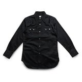 Front view of the Anatomica Harrison Shirt Sateen Black showing the classic button-up silhouette, black sateen fabric, and refined minimalist design for Clothier & Sons.