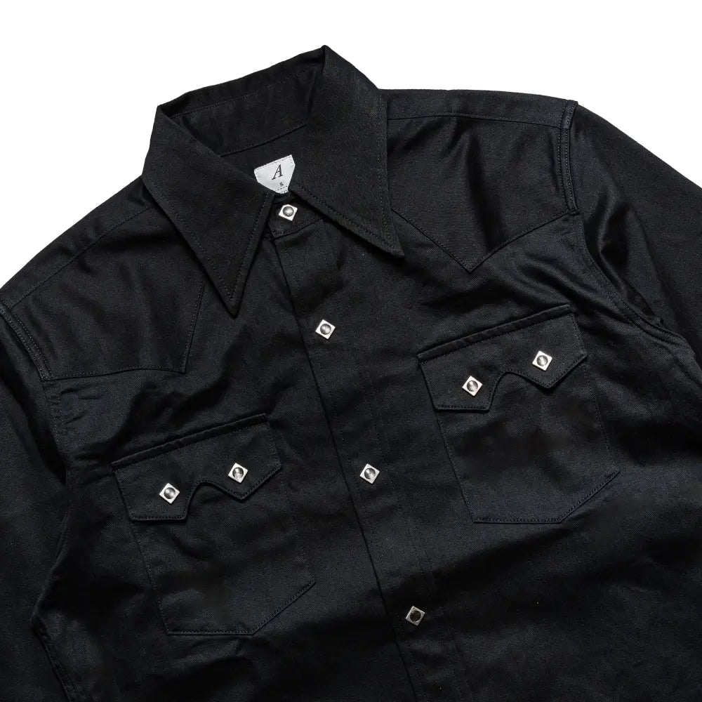 Side view of the Anatomica Harrison Shirt Sateen Black showing sleeve shape, shirt length, and relaxed tailored profile for Clothier & Sons.