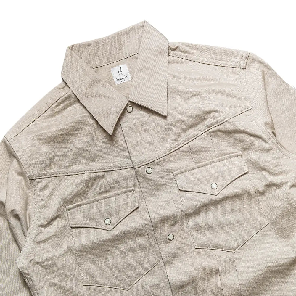 Side profile of the Anatomica Samuel Jacket Beige showing jacket length, sleeve line, and elegant profile for Clothier & Sons.