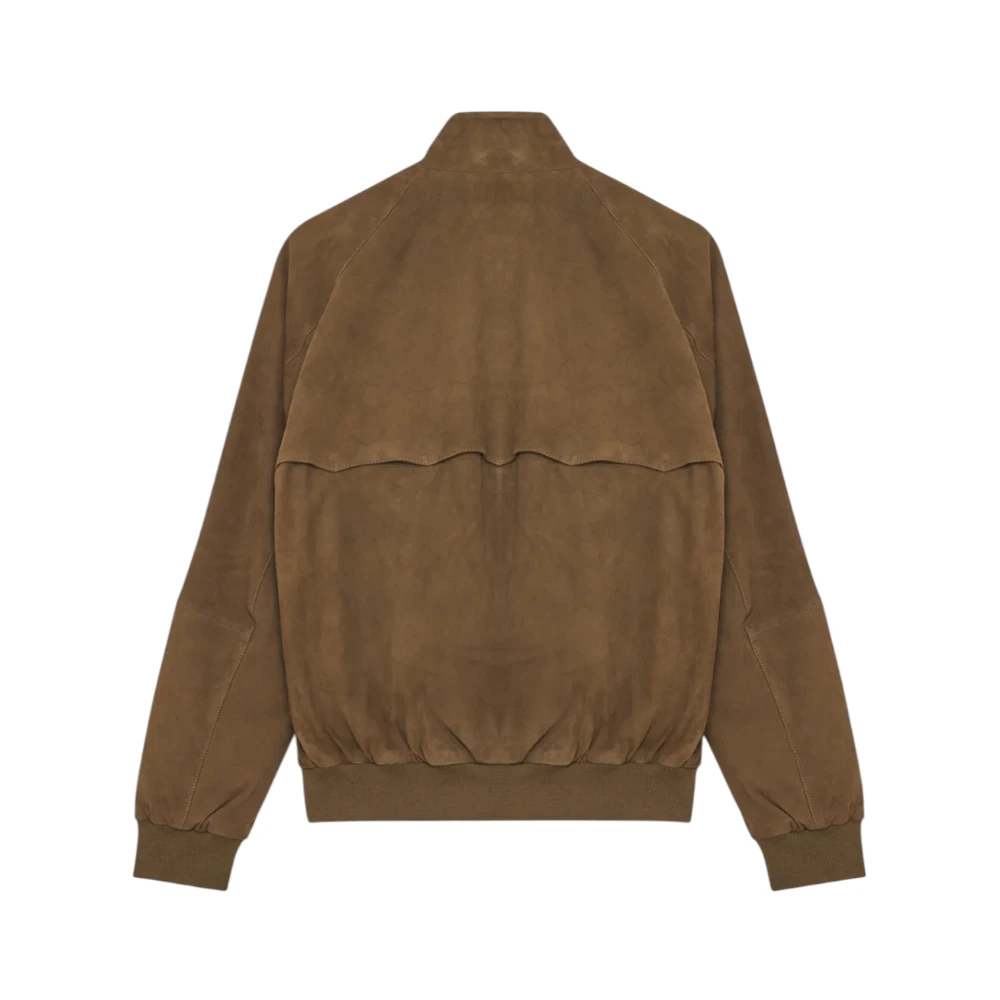 Back view of the Baracuta G9 Suede Harrington Jacket Dark Olive highlighting the signature umbrella yoke and structured fit in rich suede for Clothier & Sons.