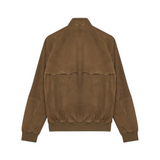 Back view of the Baracuta G9 Suede Harrington Jacket Dark Olive highlighting the signature umbrella yoke and structured fit in rich suede for Clothier & Sons.