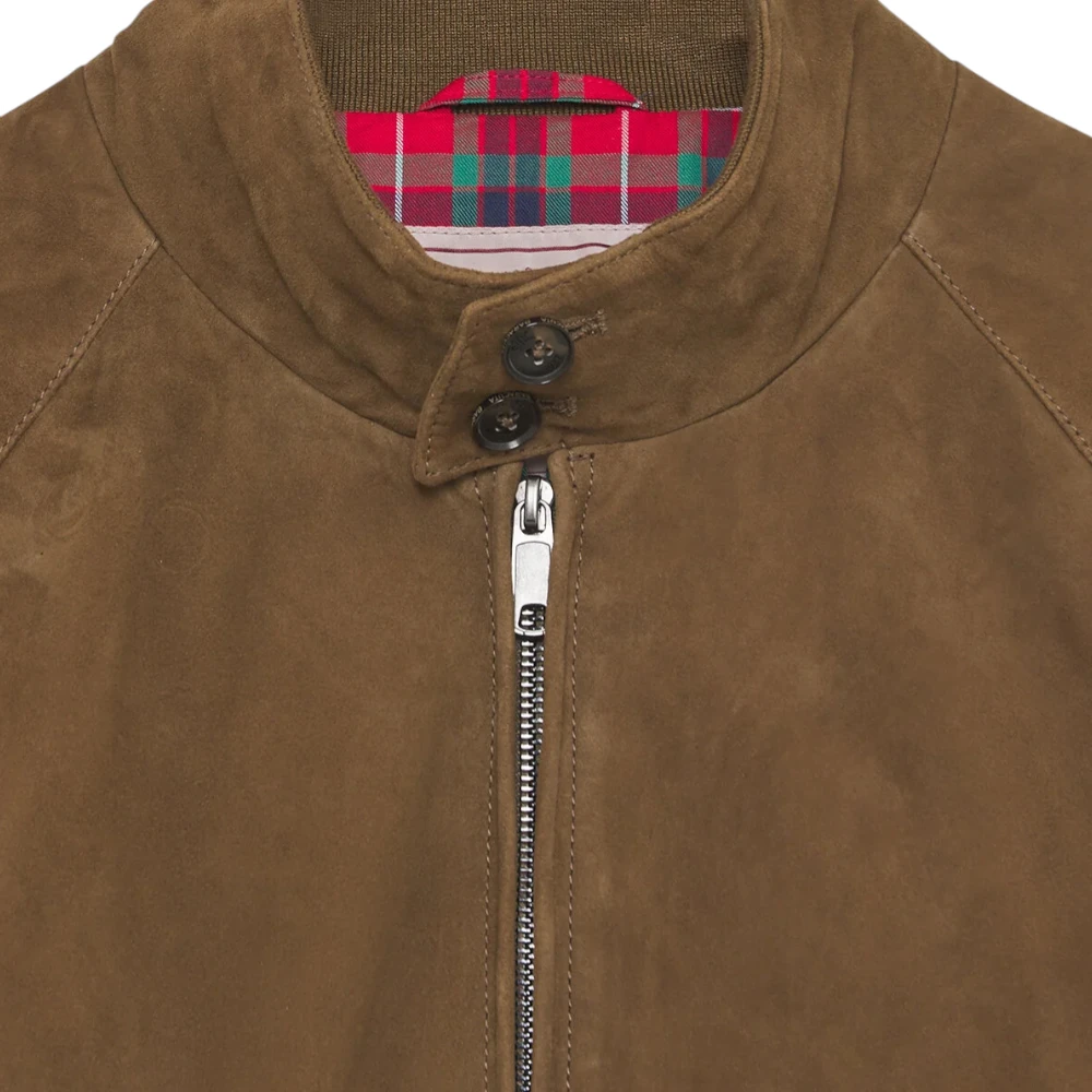 Collar detail of the Baracuta G9 Suede Harrington Jacket Dark Olive showing the stand collar with double button fastening and refined suede finish for Clothier & Sons.