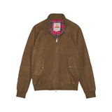 Front view of the Baracuta G9 Suede Harrington Jacket Dark Olive showing the classic Harrington silhouette, suede exterior, and two-way zip closure for Clothier & Sons.