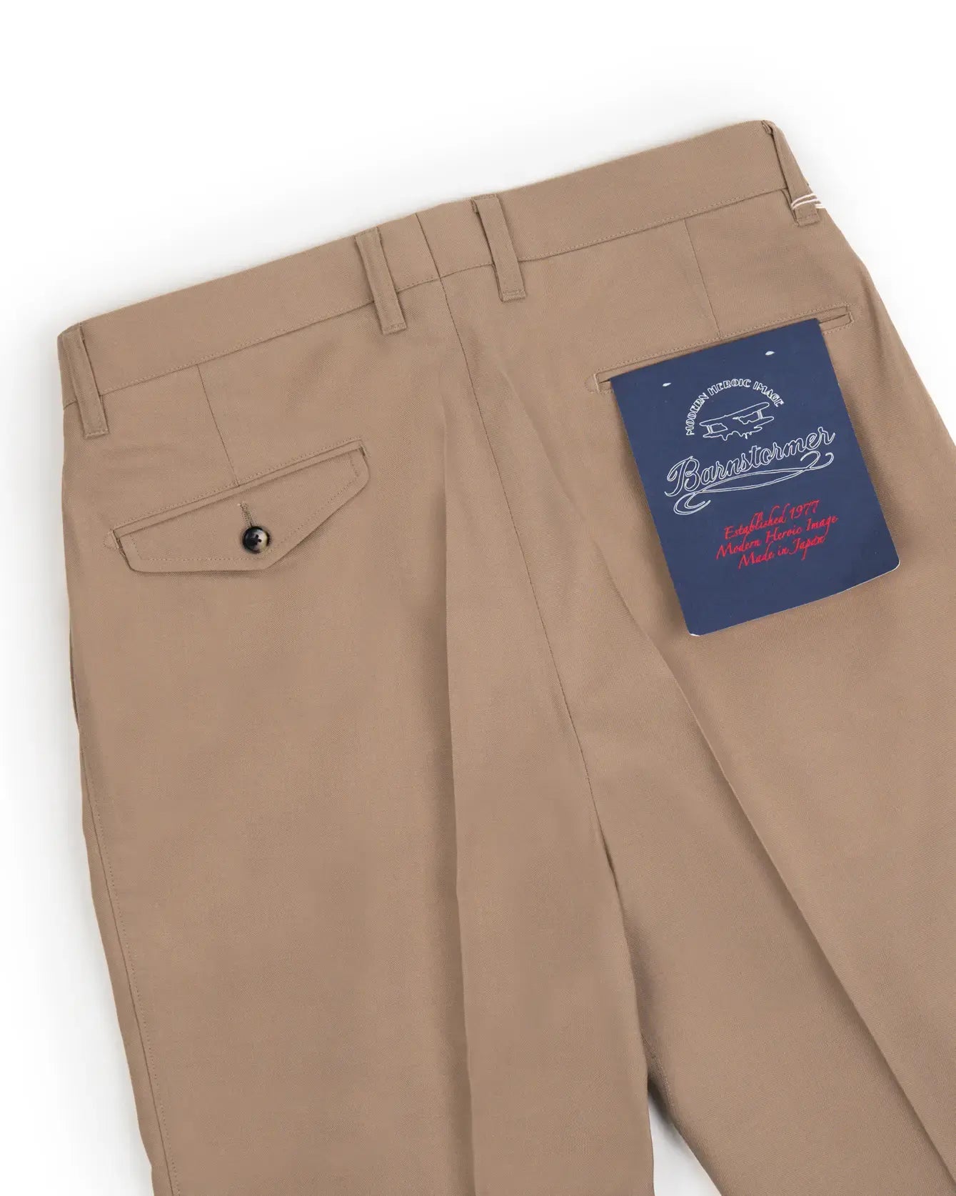 Back view of the Barnstormer Double Pleat Chino 1953 Wool Beige highlighting rear pocket construction and clean tailored proportions for Clothier & Sons.
