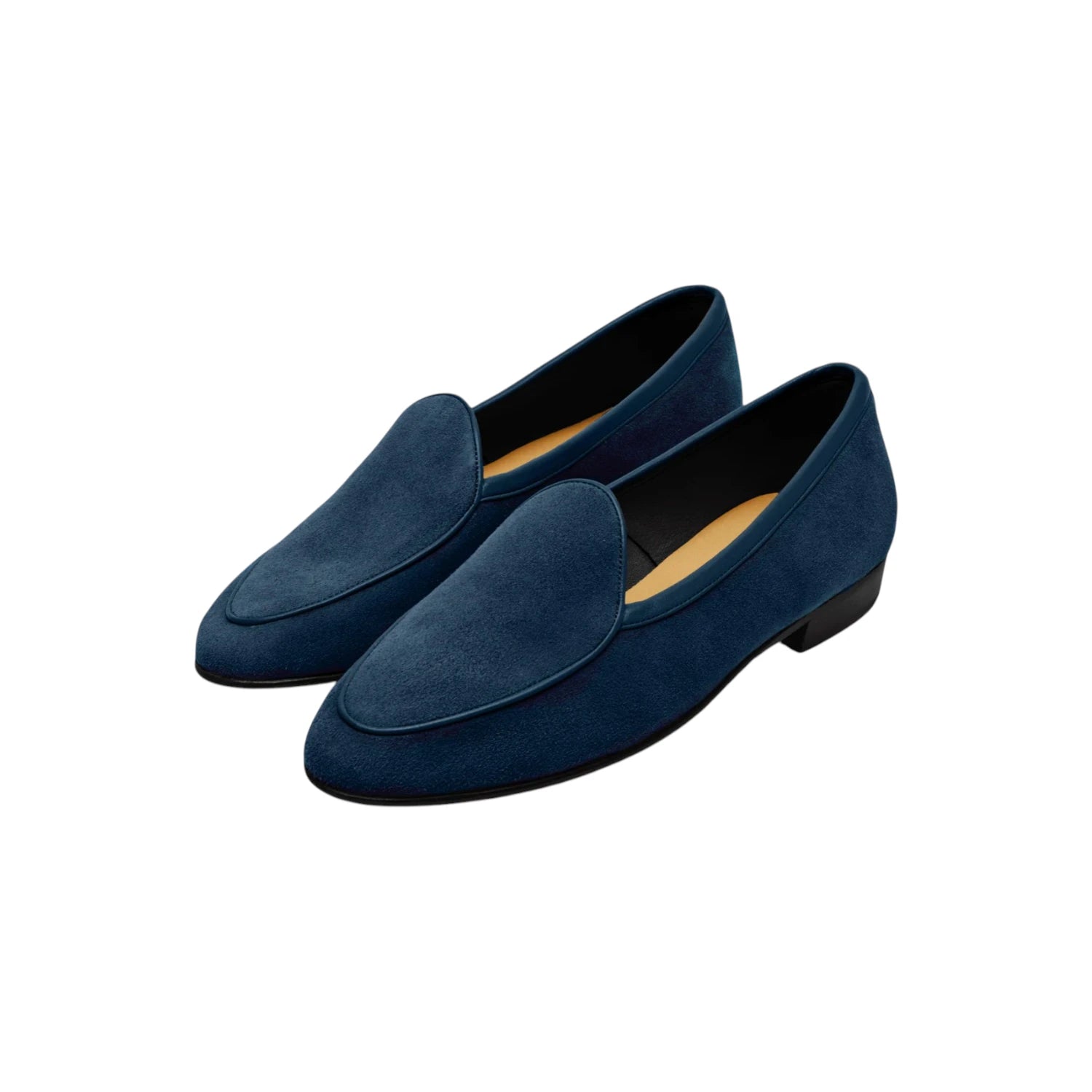 Front three-quarter view of the Baudoin & Lange Sagan Classic Loafers Lazuli Navy Asteria Suede showing the elegant loafer silhouette, deep navy suede upper, and refined construction for Clothier & Sons.
