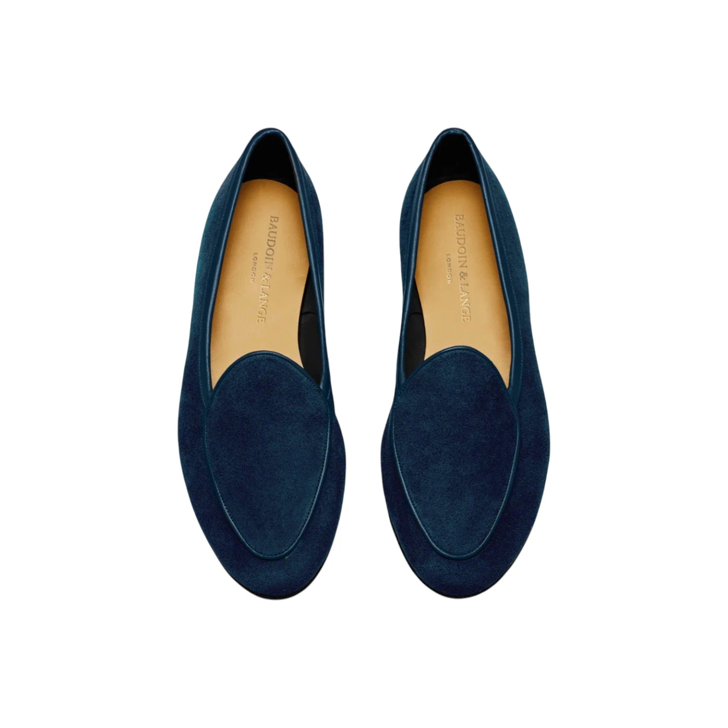 Top view of the Baudoin & Lange Sagan Classic Loafers Lazuli Navy Asteria Suede showing clean vamp design, soft suede texture, and minimal aesthetic for Clothier & Sons.

