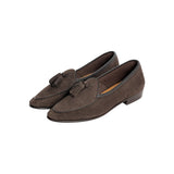 Angled view of the Baudoin & Lange Sagan Classic Tassel Lusitanias Dark Brown Asteria Suede showcasing the refined toe shape, tassel accents, and artisanal construction for Clothier & Sons.