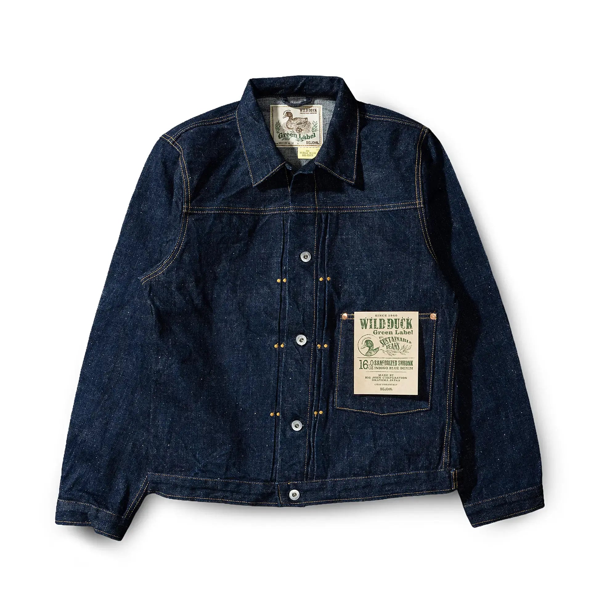 Front view of the Big John M6012RC 16oz Green Label Wild Duck Jacket showing the structured workwear silhouette, heavy duck fabric, and utilitarian design for Clothier & Sons.