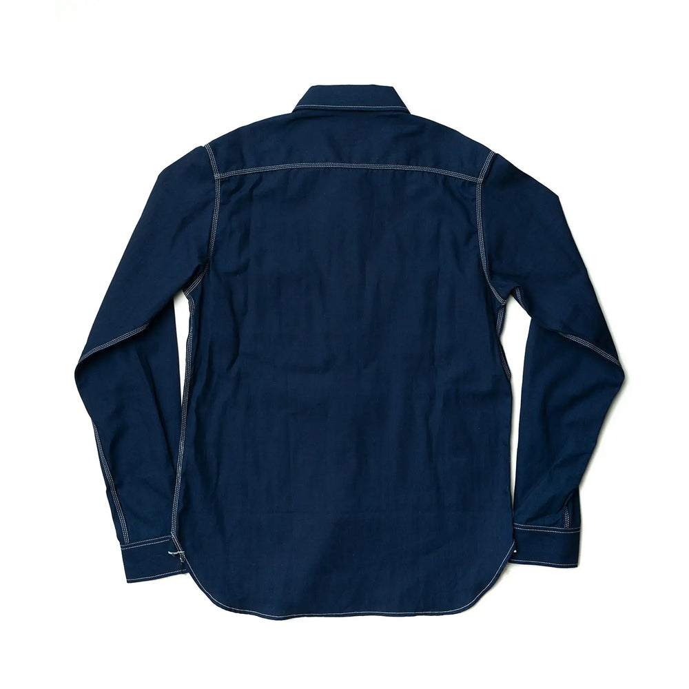 Back view of the Big John MS003R Selvedge Chambray Shirt Dark Indigo highlighting yoke construction, straight hemline, and balanced proportions for Clothier & Sons.