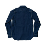 Back view of the Big John MS003R Selvedge Chambray Shirt Dark Indigo highlighting yoke construction, straight hemline, and balanced proportions for Clothier & Sons.