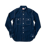 Front view of the Big John MS003R Selvedge Chambray Shirt Dark Indigo showing the classic chambray shirt silhouette, deep indigo tone, and clean button-front design for Clothier & Sons.