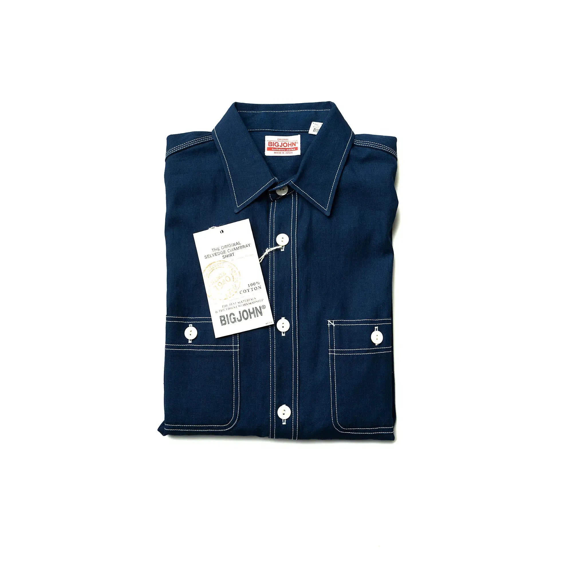 Selvedge detail of the Big John MS003R Selvedge Chambray Shirt Dark Indigo showing selvedge edge finishing and authentic Japanese craftsmanship for Clothier & Sons.