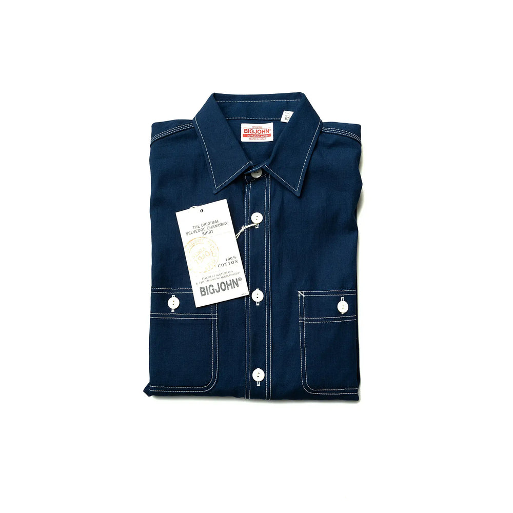Selvedge detail of the Big John MS003R Selvedge Chambray Shirt Dark Indigo showing selvedge edge finishing and authentic Japanese craftsmanship for Clothier & Sons.