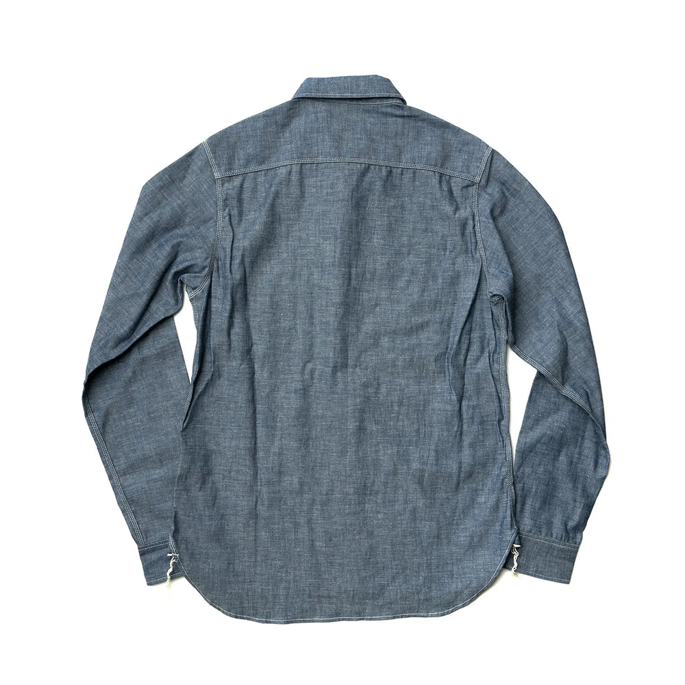 Back view of the Big John MS003R Selvedge Chambray Shirt Indigo highlighting yoke construction, straight hemline, and balanced proportions for Clothier & Sons.