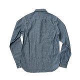Back view of the Big John MS003R Selvedge Chambray Shirt Indigo highlighting yoke construction, straight hemline, and balanced proportions for Clothier & Sons.