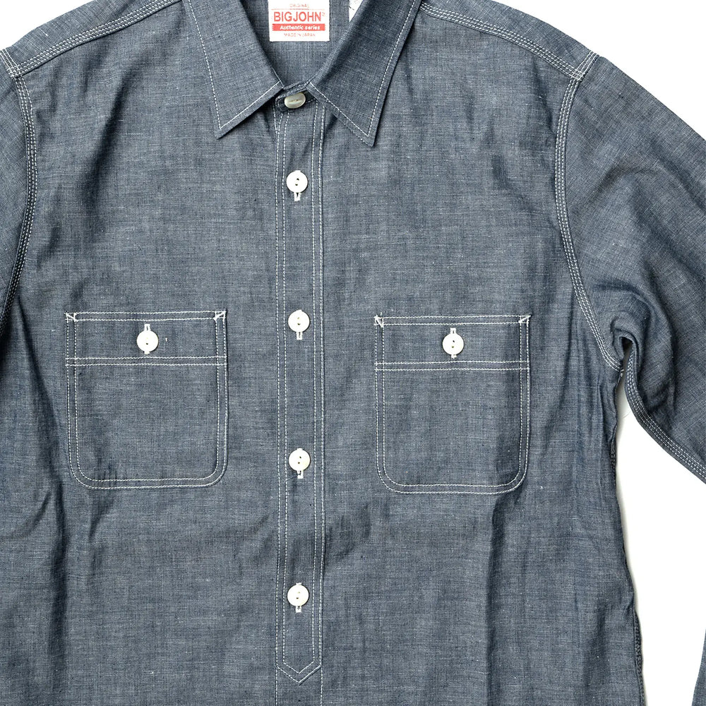 Fabric detail of the Big John MS003R Selvedge Chambray Shirt Indigo revealing the chambray weave texture, indigo dye depth, and lightweight fabric character for Clothier & Sons.
