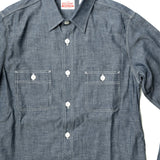 Fabric detail of the Big John MS003R Selvedge Chambray Shirt Indigo revealing the chambray weave texture, indigo dye depth, and lightweight fabric character for Clothier & Sons.