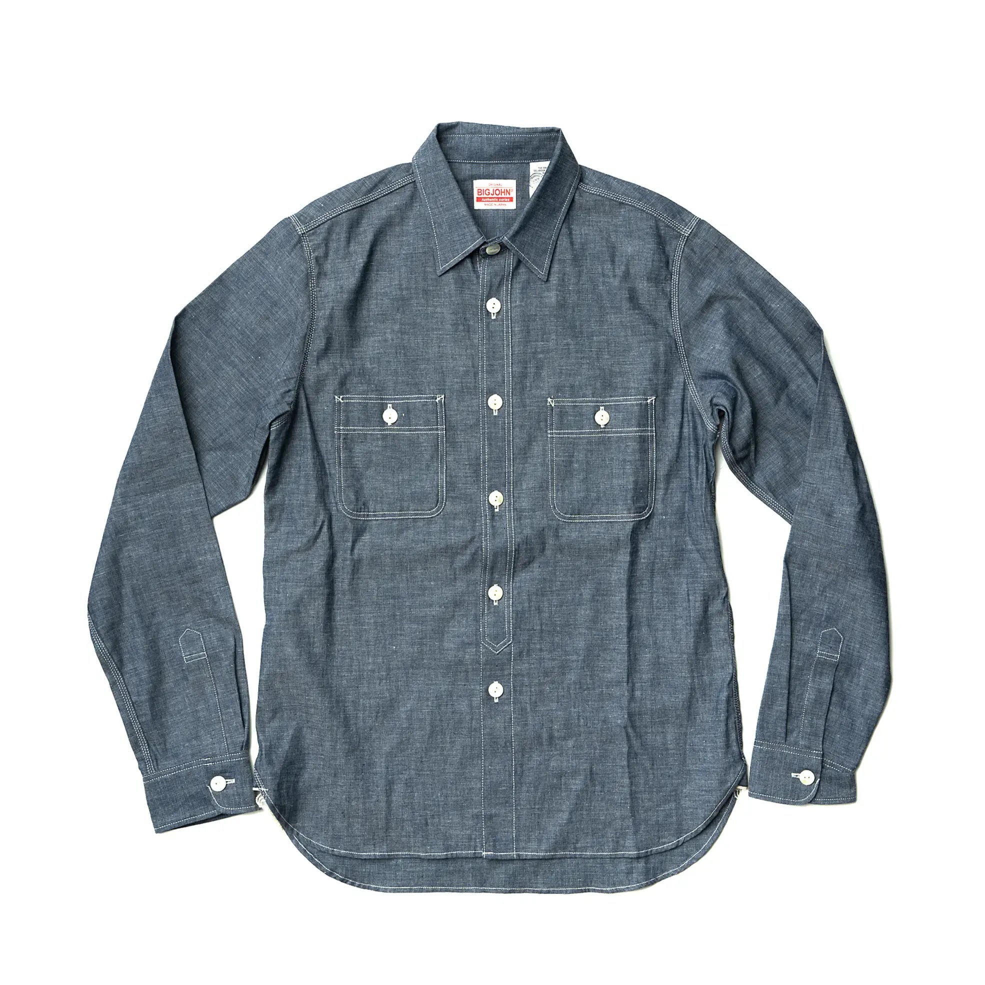 Front view of the Big John MS003R Selvedge Chambray Shirt Indigo showing the classic chambray shirt silhouette, indigo tone, and clean button-front design for Clothier & Sons.