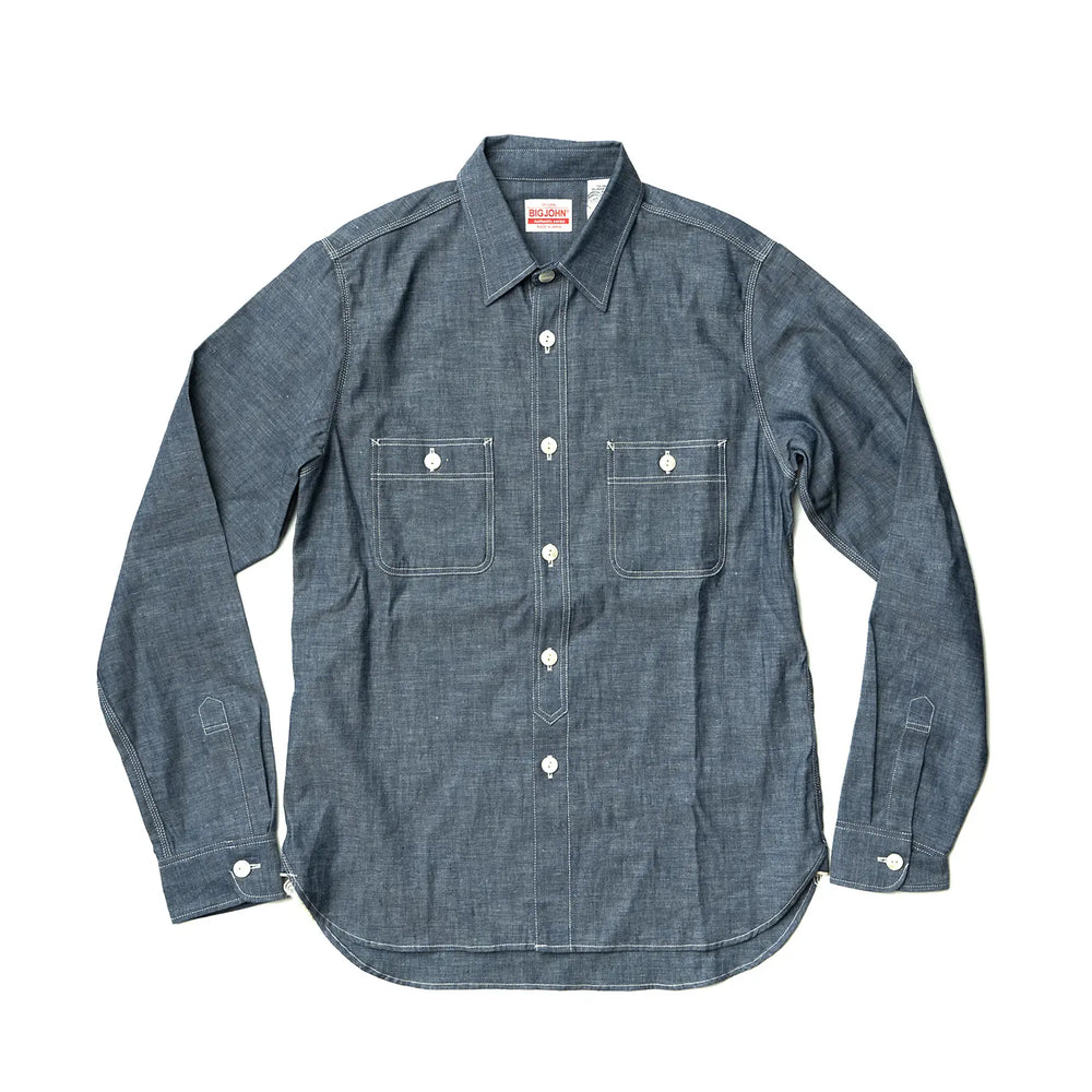Front view of the Big John MS003R Selvedge Chambray Shirt Indigo showing the classic chambray shirt silhouette, indigo tone, and clean button-front design for Clothier & Sons.