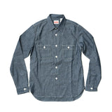 Front view of the Big John MS003R Selvedge Chambray Shirt Indigo showing the classic chambray shirt silhouette, indigo tone, and clean button-front design for Clothier & Sons.