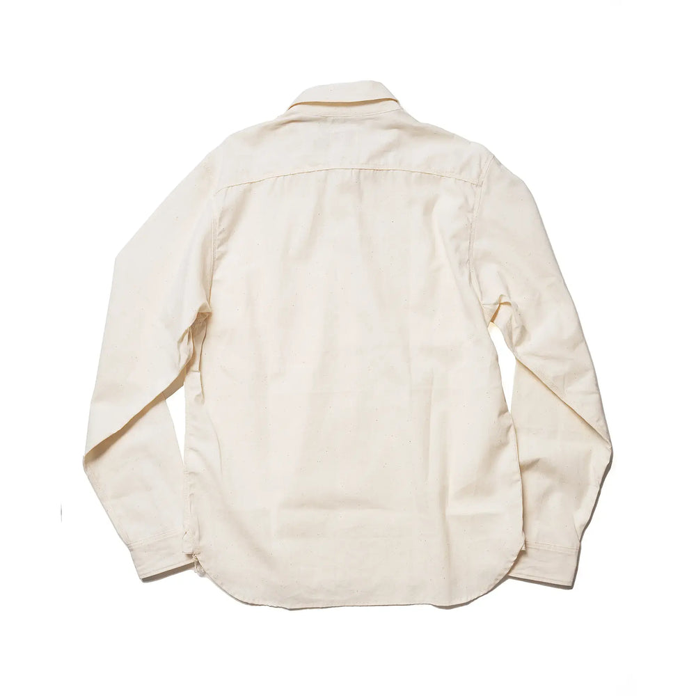 Back view of the Big John MS003R Selvedge Chambray Shirt Natural highlighting yoke construction, straight hemline, and balanced proportions for Clothier & Sons.