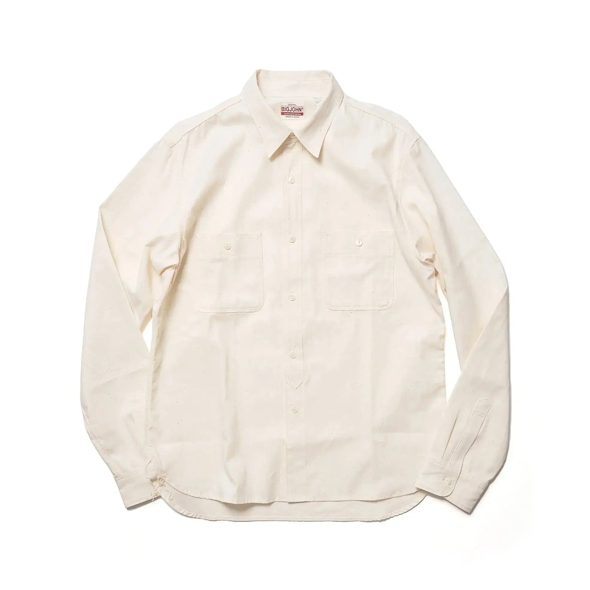 Front view of the Big John MS003R Selvedge Chambray Shirt Natural showing the classic chambray shirt silhouette, natural undyed tone, and clean button-front design for Clothier & Sons.