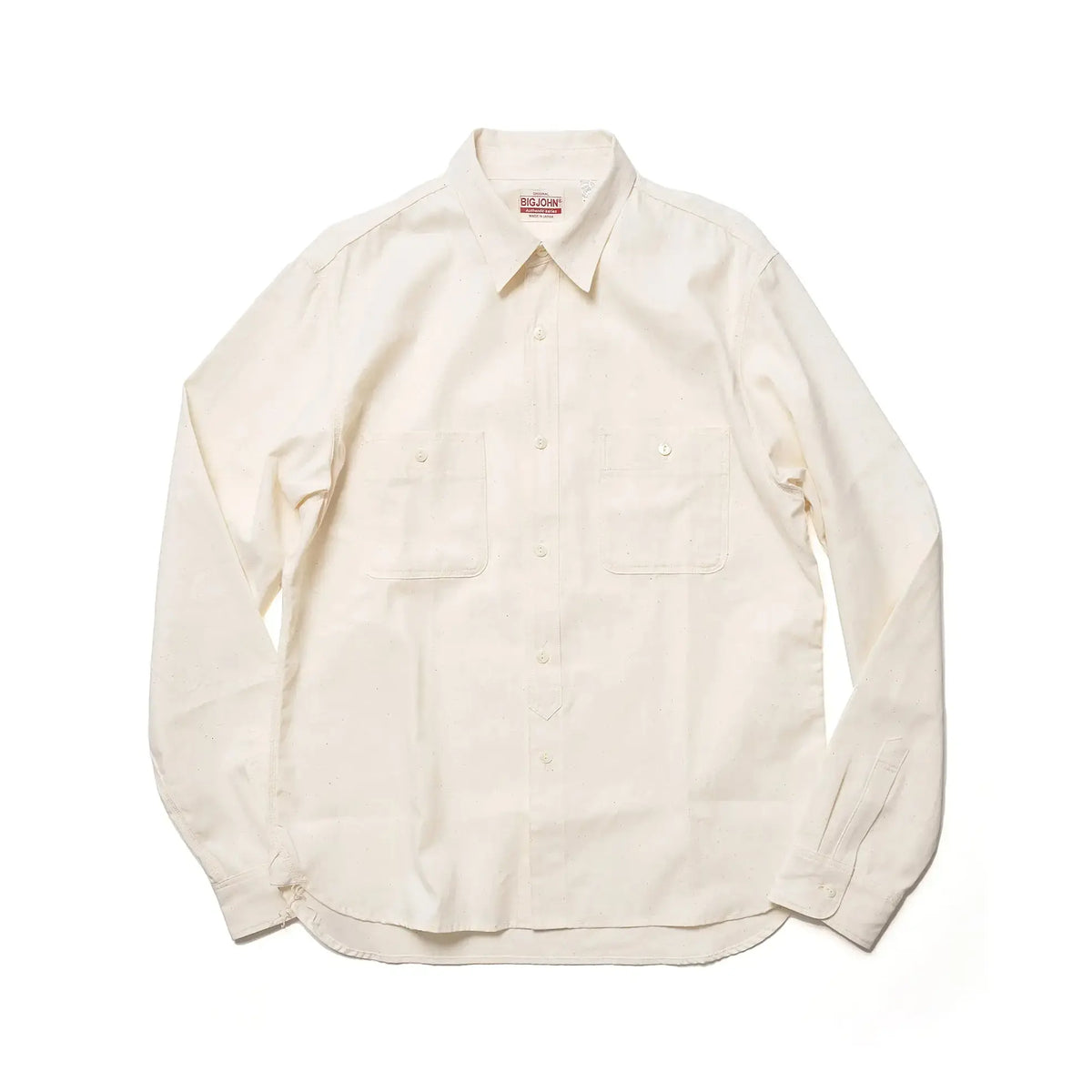 Front view of the Big John MS003R Selvedge Chambray Shirt Natural showing the classic chambray shirt silhouette, natural undyed tone, and clean button-front design for Clothier & Sons.