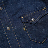 Button detail of the Big John MS004E Shirt Selvedge Denim highlighting button material, stitching precision, and workwear-inspired finishing for Clothier & Sons.