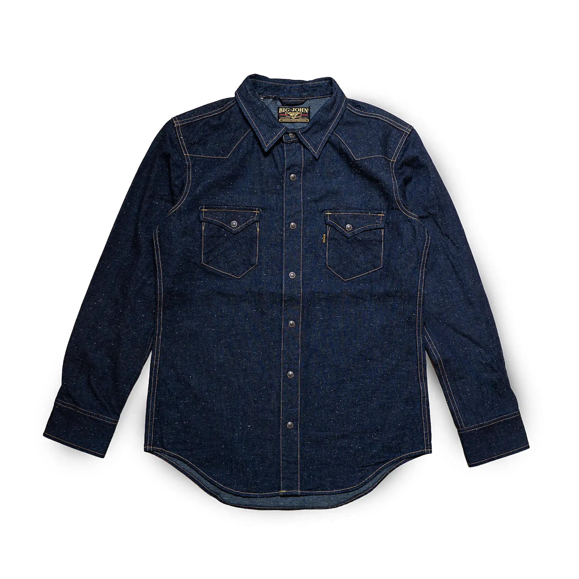 Front view of the Big John MS004E Shirt Selvedge Denim showing the classic denim shirt silhouette, indigo tone, and clean button-front design for Clothier & Sons.