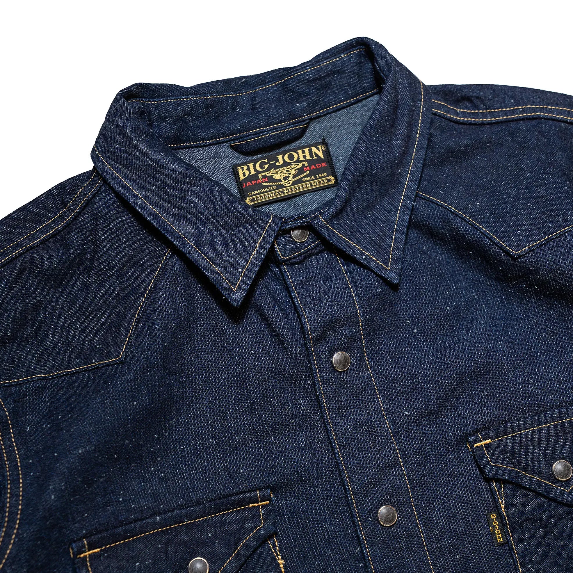 Side view of the Big John MS004E Shirt Selvedge Denim showing sleeve shape, shirt length, and overall profile for Clothier & Sons.
