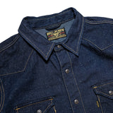 Side view of the Big John MS004E Shirt Selvedge Denim showing sleeve shape, shirt length, and overall profile for Clothier & Sons.
