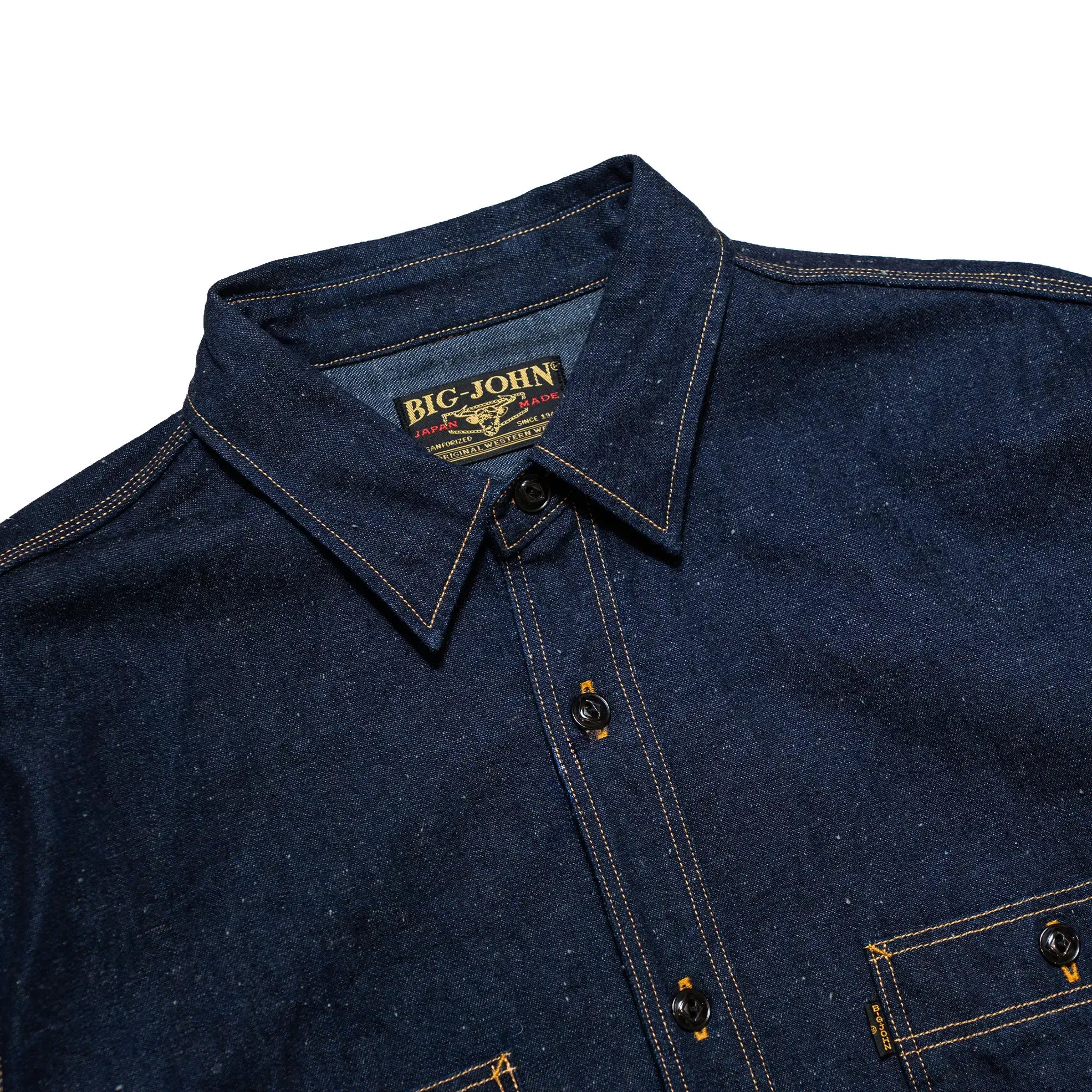 Side view of the Big John MS005E Selvedge Denim showing leg line, selvedge seam detail, and balanced straight-cut profile for Clothier & Sons.